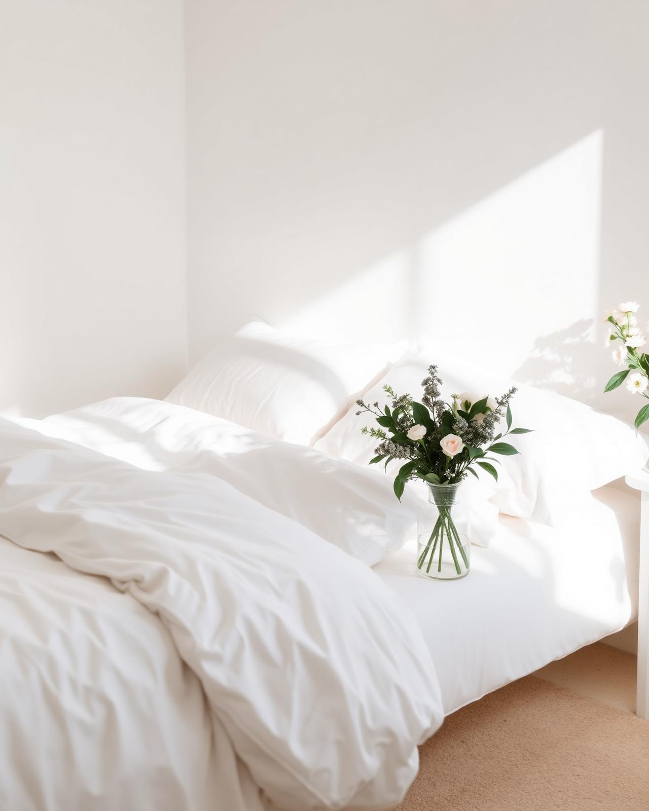 Calm, peaceful bedroom with fresh linen and morning light